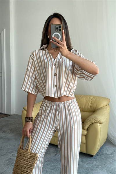 ÇİZGİLİ CROP GÖMLEK - SALAŞ PANTOLON TAKIM MODAL - Bej