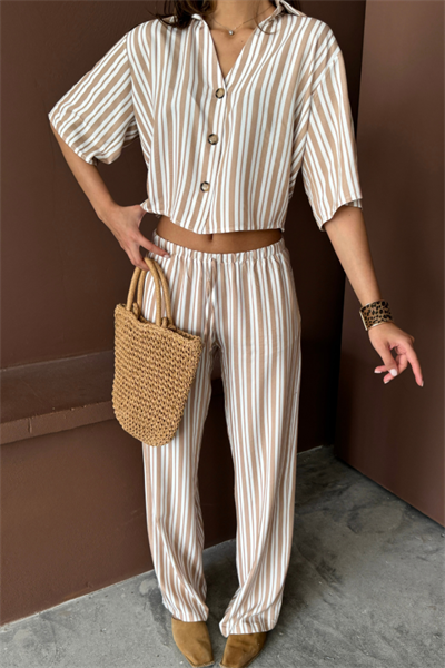 ÇİZGİLİ CROP GÖMLEK - SALAŞ PANTOLON TAKIM MODAL - Bej