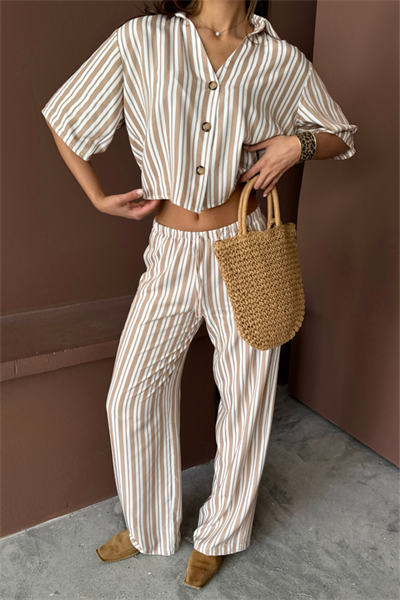 ÇİZGİLİ CROP GÖMLEK - SALAŞ PANTOLON TAKIM MODAL - Bej