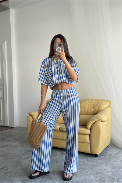 ÇİZGİLİ CROP GÖMLEK - SALAŞ PANTOLON TAKIM MODAL - Mavi