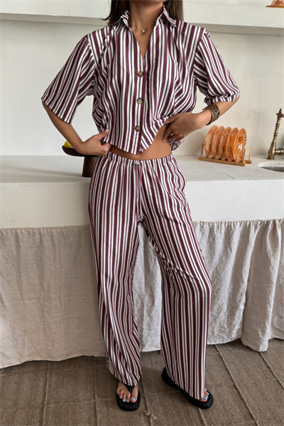 ÇİZGİLİ CROP GÖMLEK - SALAŞ PANTOLON TAKIM MODAL - Bordo