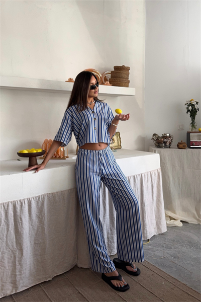 ÇİZGİLİ CROP GÖMLEK - SALAŞ PANTOLON TAKIM MODAL - Mavi