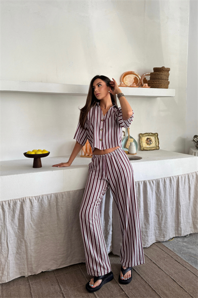 ÇİZGİLİ CROP GÖMLEK - SALAŞ PANTOLON TAKIM MODAL - Bordo
