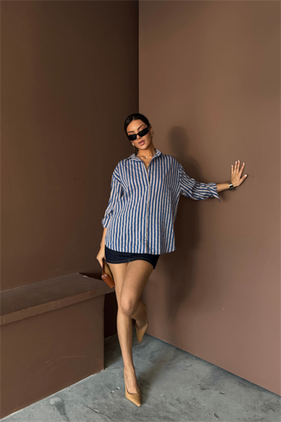 ÇİZGİLİ GÖMLEK  KETEN - Lacivert