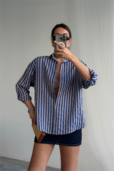 ÇİZGİLİ GÖMLEK  KETEN - Lacivert