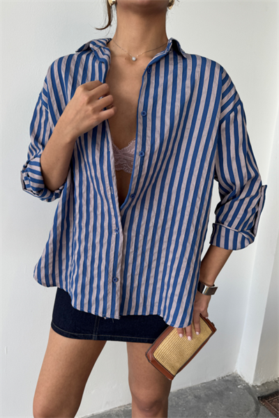 ÇİZGİLİ GÖMLEK  KETEN - Lacivert
