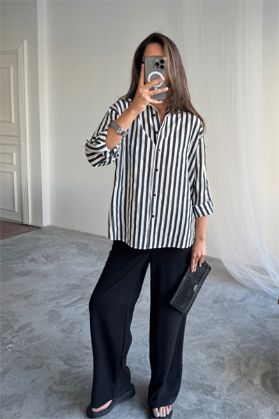 ÇİZGİLİ GÖMLEK  KETEN - Siyah