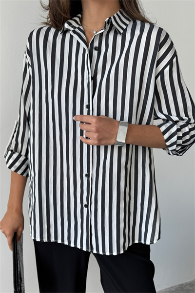 ÇİZGİLİ GÖMLEK  KETEN - Siyah