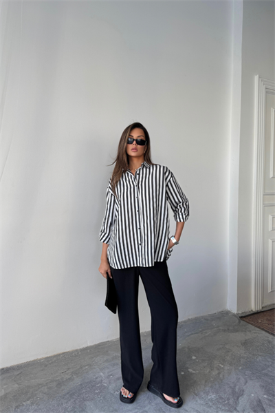 ÇİZGİLİ GÖMLEK  KETEN - Siyah