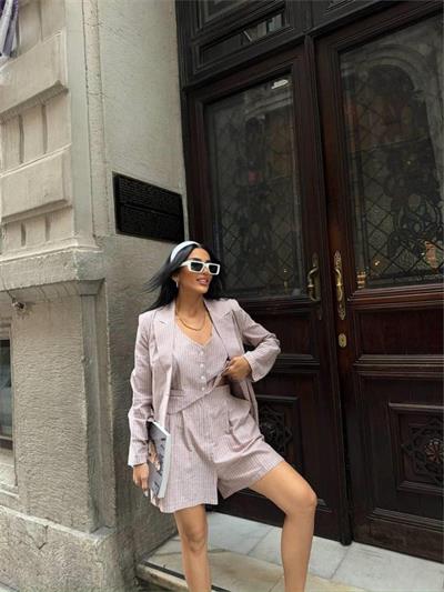 ÇİZGİLİ KETEN CEKET YELEK ŞORT TK - Kahverengi