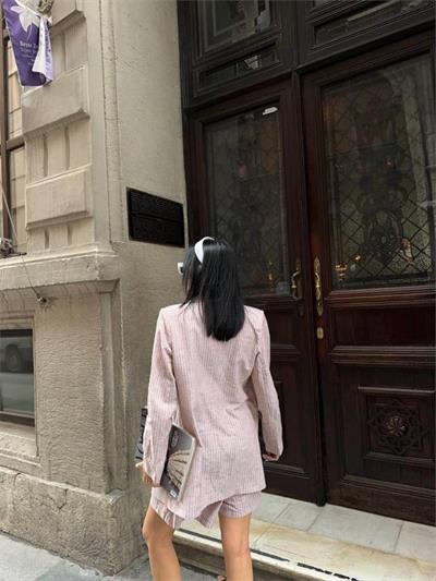 ÇİZGİLİ KETEN CEKET YELEK ŞORT TK - Kahverengi