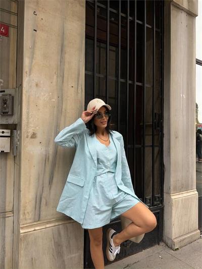 ÇİZGİLİ KETEN CEKET YELEK ŞORT TK - Yeşil