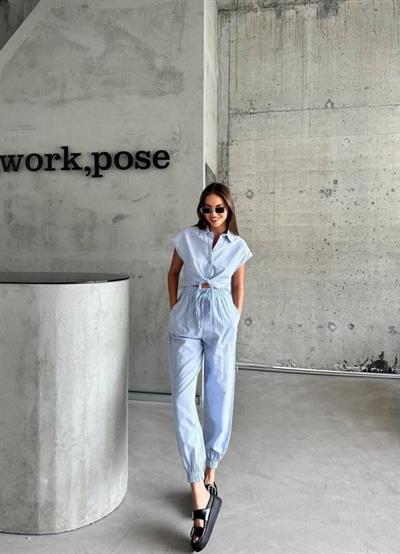 ÇİZGİLİ KETEN KOLSUZ CROP PANTOLON TAKIM - Mavi