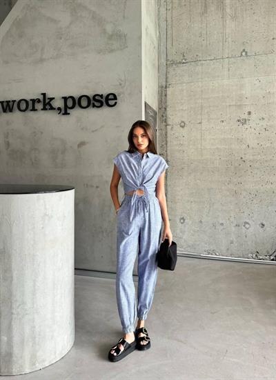 ÇİZGİLİ KETEN KOLSUZ CROP PANTOLON TAKIM - Lacivert