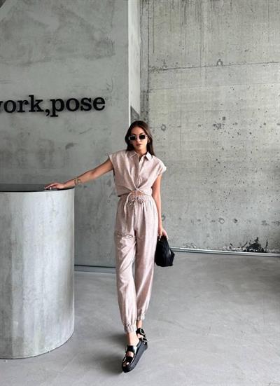 ÇİZGİLİ KETEN KOLSUZ CROP PANTOLON TAKIM - Kahverengi