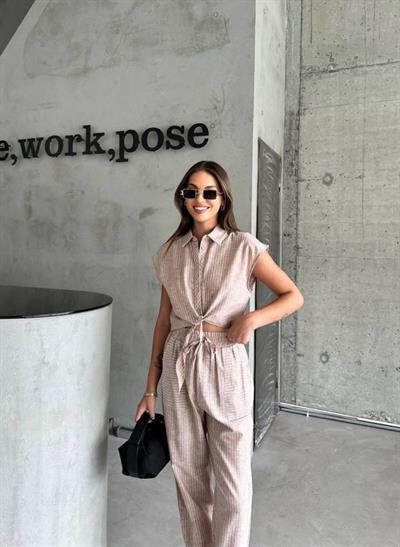 ÇİZGİLİ KETEN KOLSUZ CROP PANTOLON TAKIM - Kahverengi