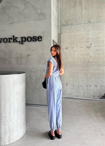 ÇİZGİLİ KETEN KOLSUZ CROP PANTOLON TAKIM - Lacivert