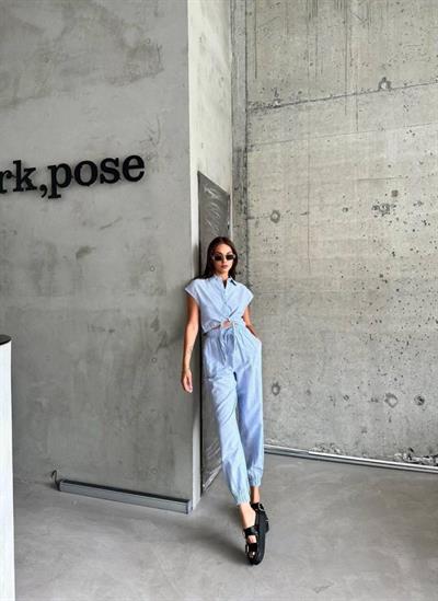 ÇİZGİLİ KETEN KOLSUZ CROP PANTOLON TAKIM - Mavi