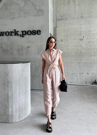 ÇİZGİLİ KETEN KOLSUZ CROP PANTOLON TAKIM - Kahverengi