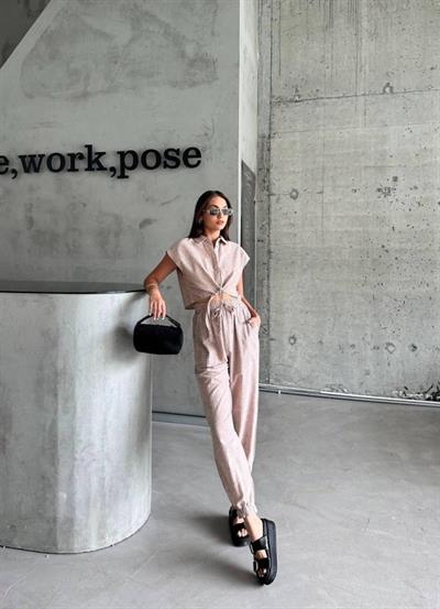 ÇİZGİLİ KETEN KOLSUZ CROP PANTOLON TAKIM - Kahverengi