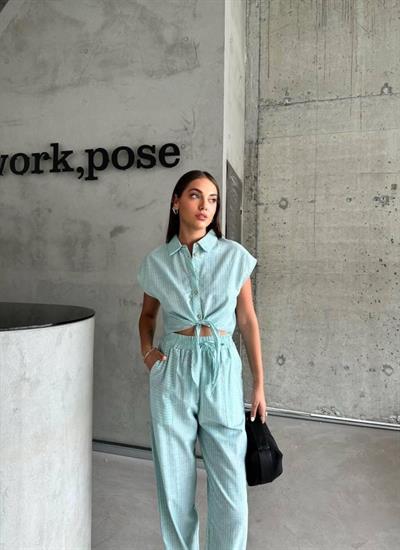 ÇİZGİLİ KETEN KOLSUZ CROP PANTOLON TAKIM - Yeşil