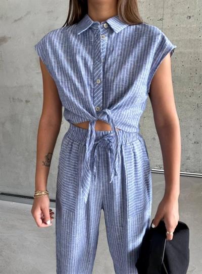 ÇİZGİLİ KETEN KOLSUZ CROP PANTOLON TAKIM - Lacivert