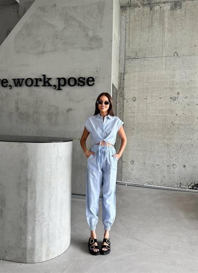 ÇİZGİLİ KETEN KOLSUZ CROP PANTOLON TAKIM - Mavi