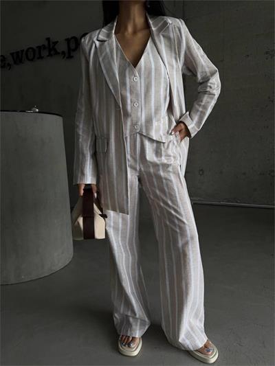 ÇİZGİLİ KETEN YELEK-PANTOLON TAKIM - Bej