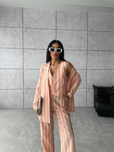 ÇİZGİLİ KETEN YELEK-PANTOLON TAKIM - Orange