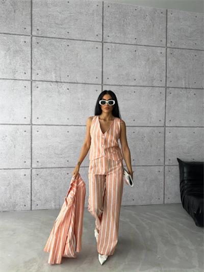 ÇİZGİLİ KETEN YELEK-PANTOLON TAKIM - Orange