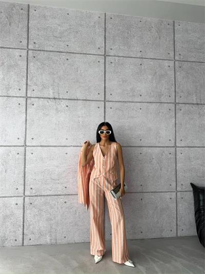 ÇİZGİLİ KETEN YELEK-PANTOLON TAKIM - Orange