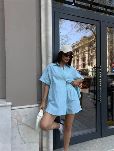 ÇİZGİLİ PARÇALI KETEN GÖMLEK-ŞORT TAKIM - Yeşil