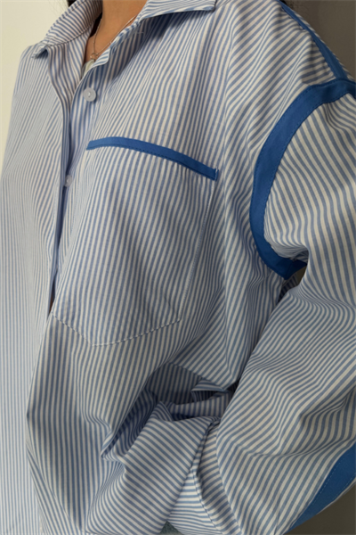 ÇİZGİLİ POLİN GÖMLEK BİYE ŞERİT DETAYLI - Mavi