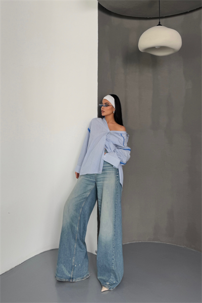 ÇİZGİLİ POLİN GÖMLEK BİYE ŞERİT DETAYLI - Mavi