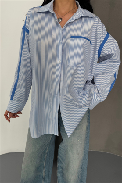 ÇİZGİLİ POLİN GÖMLEK BİYE ŞERİT DETAYLI - Mavi