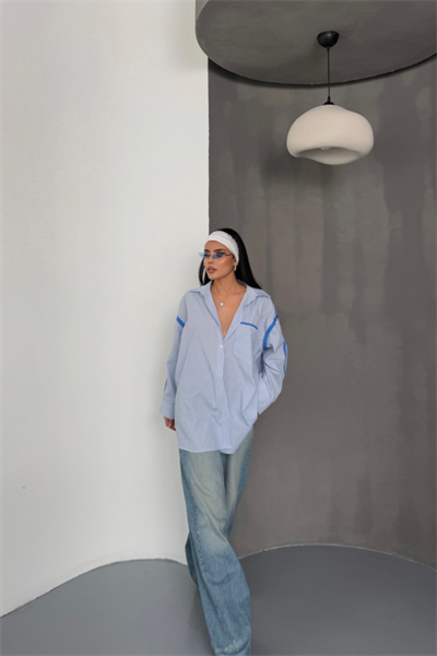 ÇİZGİLİ POLİN GÖMLEK BİYE ŞERİT DETAYLI - Mavi