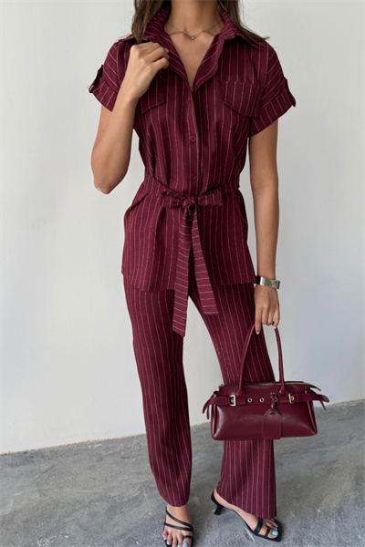 ÇİZGİLİ POLYVİSKON BLUZ - PANTOLON TAKIM - Bordo