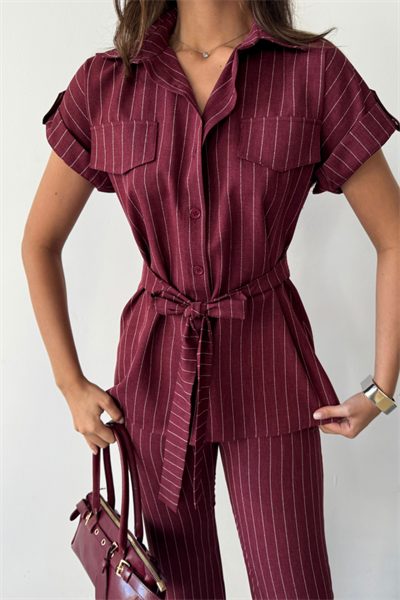 ÇİZGİLİ POLYVİSKON BLUZ - PANTOLON TAKIM - Bordo