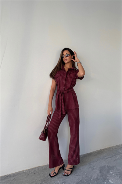 ÇİZGİLİ POLYVİSKON BLUZ - PANTOLON TAKIM - Bordo