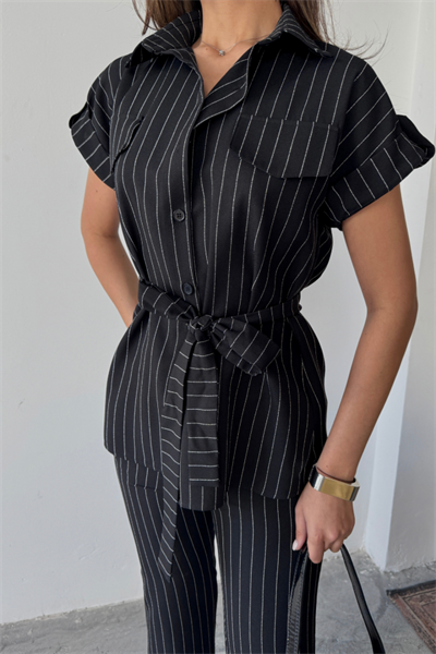 ÇİZGİLİ POLYVİSKON BLUZ - PANTOLON TAKIM - Siyah