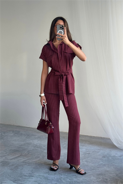 ÇİZGİLİ POLYVİSKON BLUZ - PANTOLON TAKIM - Bordo