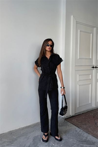 ÇİZGİLİ POLYVİSKON BLUZ - PANTOLON TAKIM - Siyah