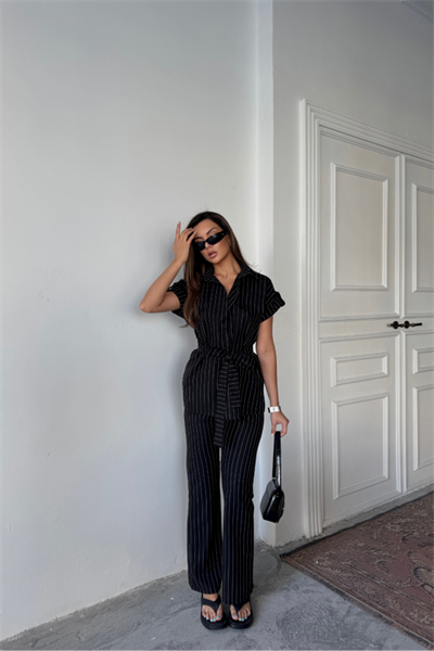 ÇİZGİLİ POLYVİSKON BLUZ - PANTOLON TAKIM - Siyah