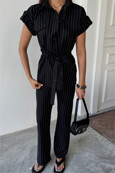 ÇİZGİLİ POLYVİSKON BLUZ - PANTOLON TAKIM - Siyah