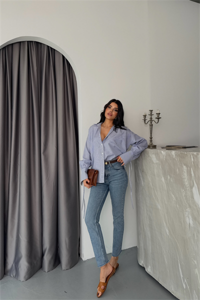 ÇİZGİLİ POPLİN GÖMLEK MANŞET İP DETAYLI - Lacivert