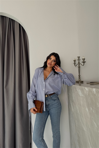 ÇİZGİLİ POPLİN GÖMLEK MANŞET İP DETAYLI - Lacivert