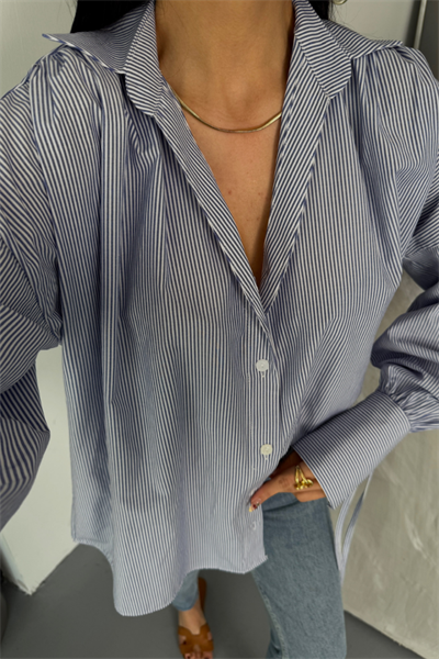 ÇİZGİLİ POPLİN GÖMLEK MANŞET İP DETAYLI - Lacivert