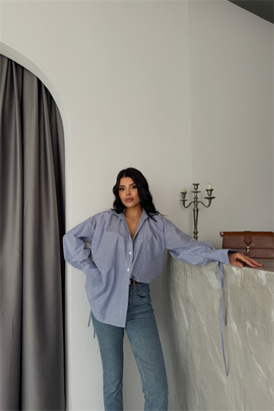 ÇİZGİLİ POPLİN GÖMLEK MANŞET İP DETAYLI - Lacivert