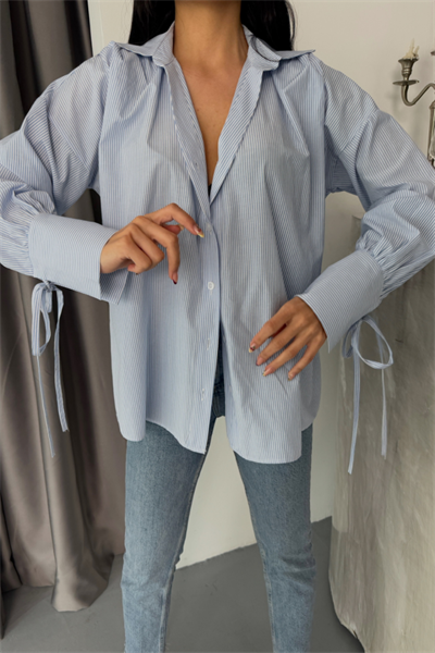 ÇİZGİLİ POPLİN GÖMLEK MANŞET İP DETAYLI - Mavi
