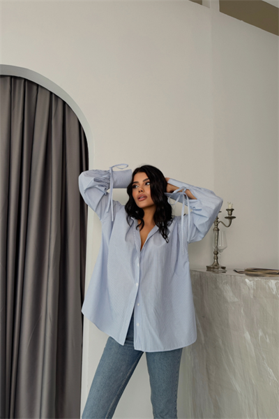 ÇİZGİLİ POPLİN GÖMLEK MANŞET İP DETAYLI - Mavi